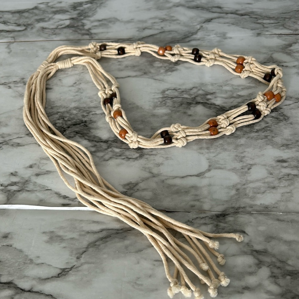 Vintage Boho braided Macramé Crochet Wood Bead tie belt Festival hippie